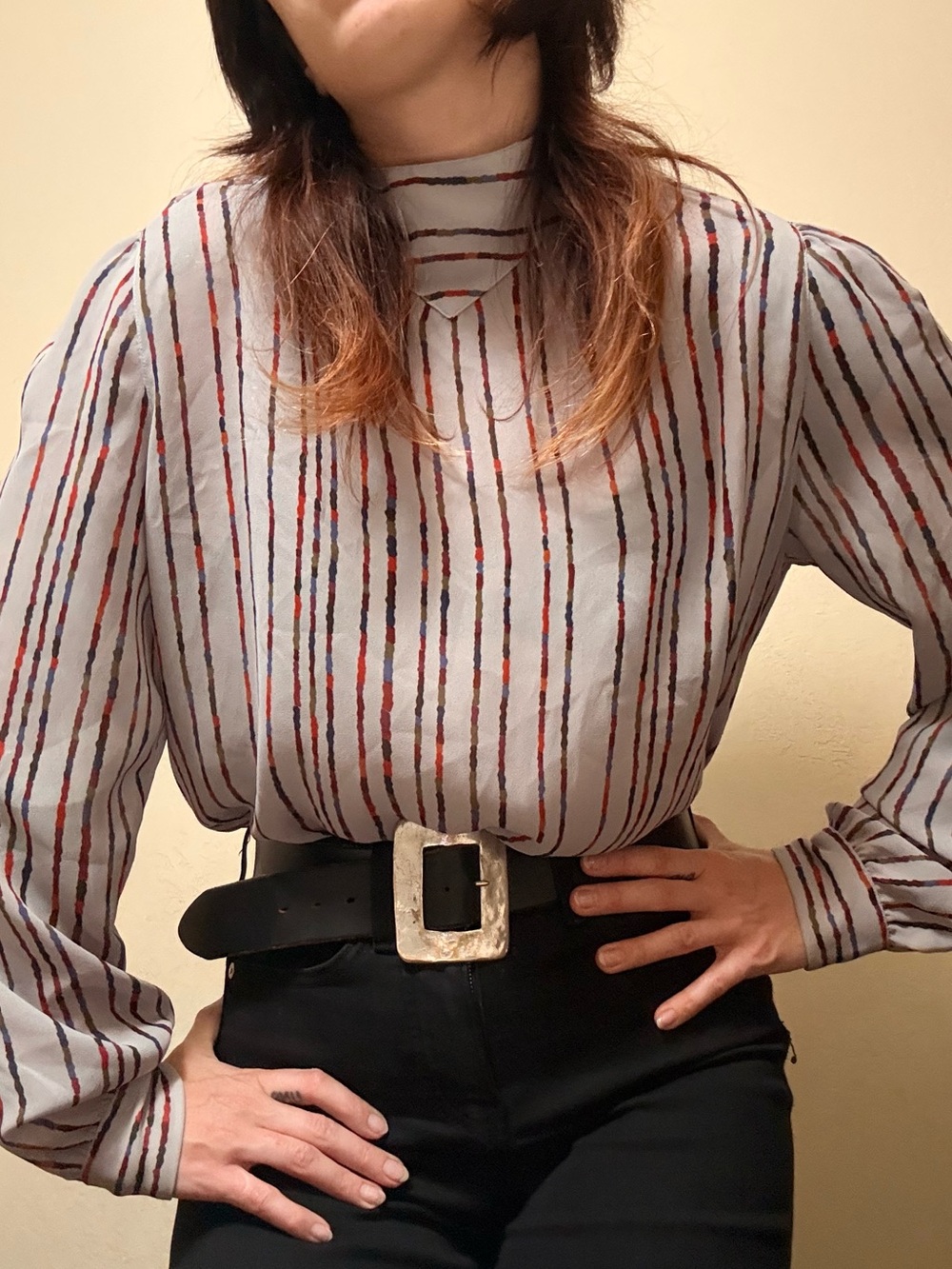Vintage 80s Striped Mock Neck Blouse with Multicolor 16 L